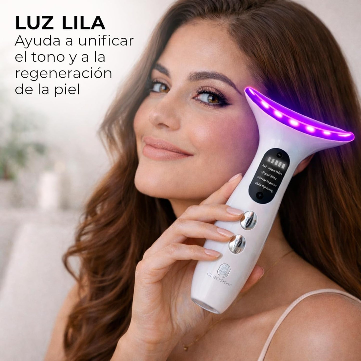 CLEOSKIN Kit Masajeador de Cuello con Fototerapia LED y EMS | Incluye 3 Serums Faciales (Vitamina C, Ácido Hialurónico con Niacinamida y Oro 24K, 30 ml c/u) | Antiedad, Hidratante y Reafirmante