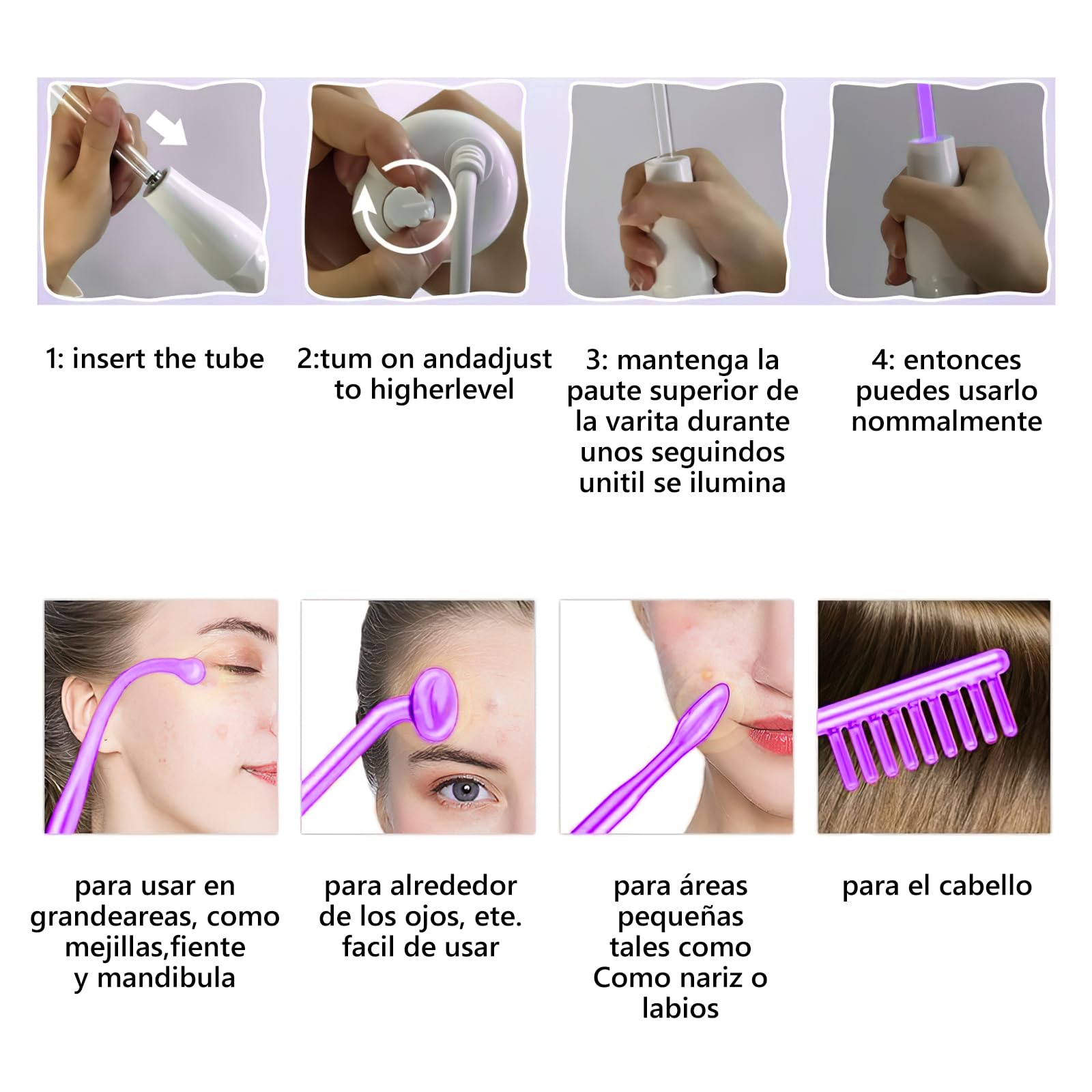 Alta Frecuencia Facial,Radiofrecuencia Facial Corporal de Portátil Con 4 Varitas de Neón Diferentes,Estiramiento de la Piel,Antienvejecimiento,Reducción de Arrugas/Ojeras/Imperfecciones (Luz Violeta)