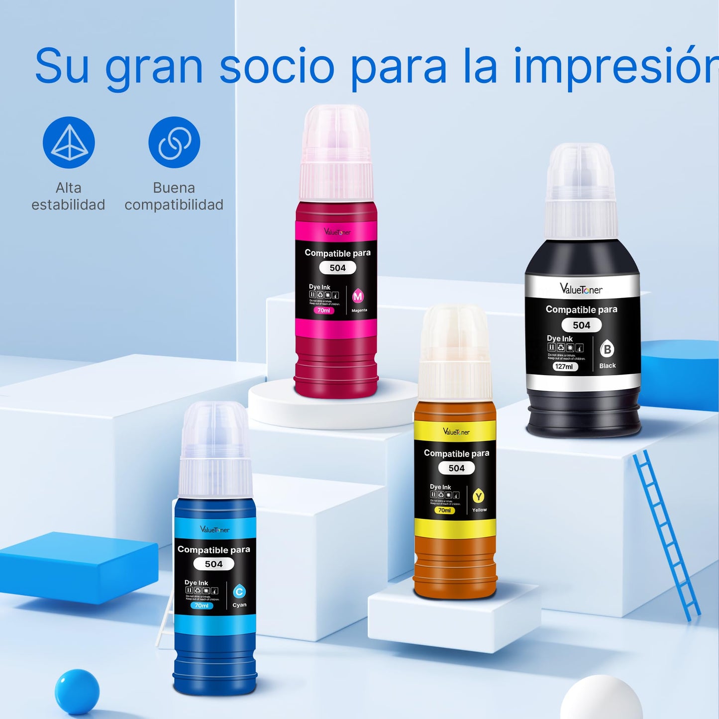 Botella de Tinta Valuetoner Compatible Epson 504 para Impresoras Ecotank (4 Unidades)