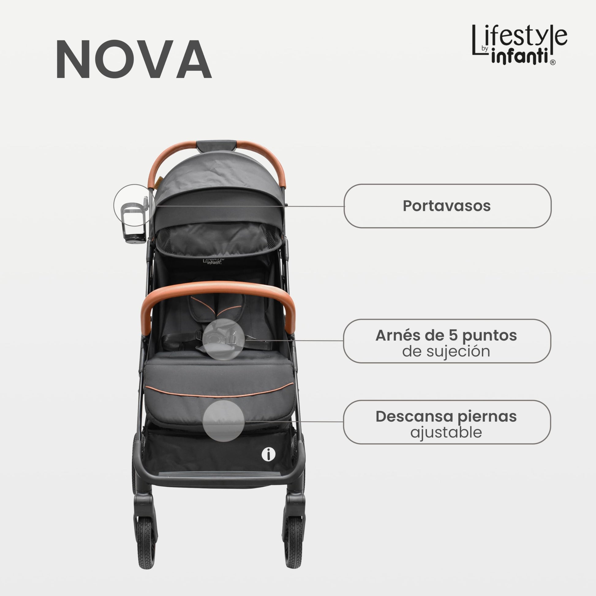 INFANTI | Carriola para Bebe Nova Negro Lifestyle | Carreola Bebé con Plegado Automático y Compacto con Arnés de 5 Puntos - Toldo Completo con Visera y Ventanilla | Reclinación Ajustable y Canastilla