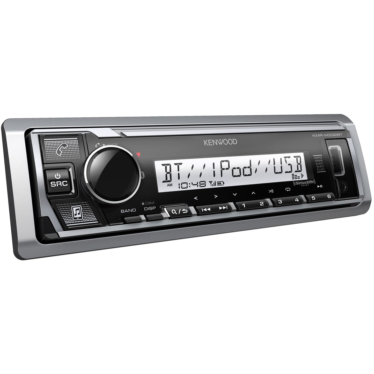 Kenwood KMR-M332BT Estéreo para Auto y Marina, de Un Solo Din, Audio Bluetooth, USB-MP3, Entrada AUX, Radio AM-FM SiriusXM, Resistente a la Intemperie, Iluminación Multicolor