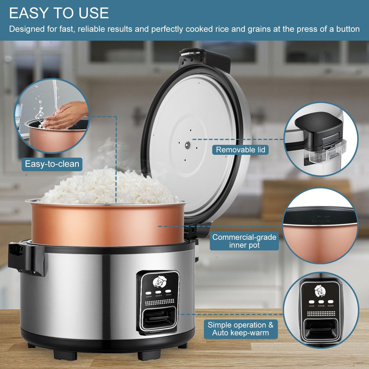 Arrocera comercial grande de 15 litros, 84 tazas cocidas, 32 tazas de arroz sin cocer, olla eléctrica y calentador de arroz, calentamiento automático, acero inoxidable con operación de un solo toque