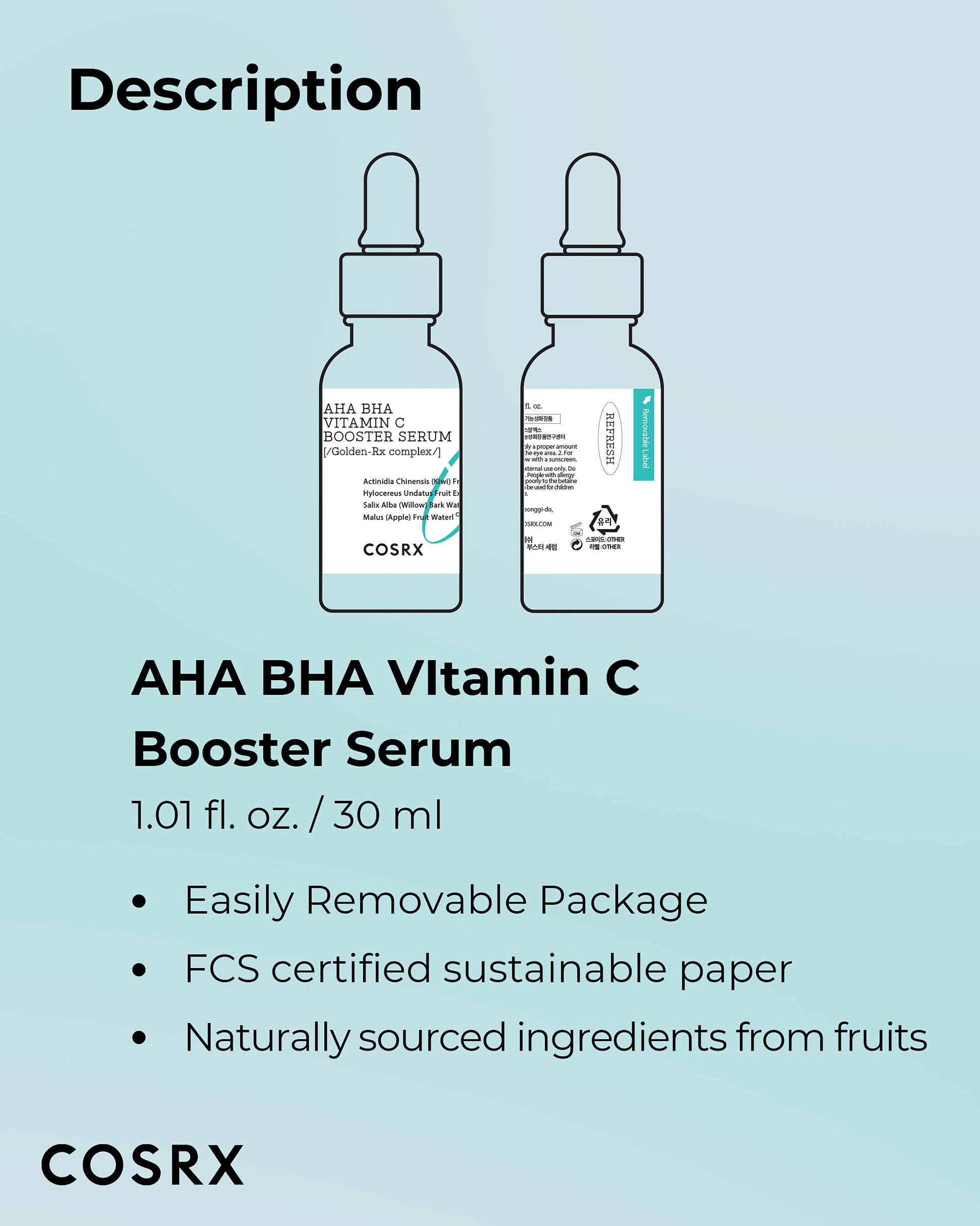 COSRX AHA BHA - Suero potenciador de vitamina C. Exfolia, ilumina, antienvejecimiento y mejora el tono y textura de la piel.