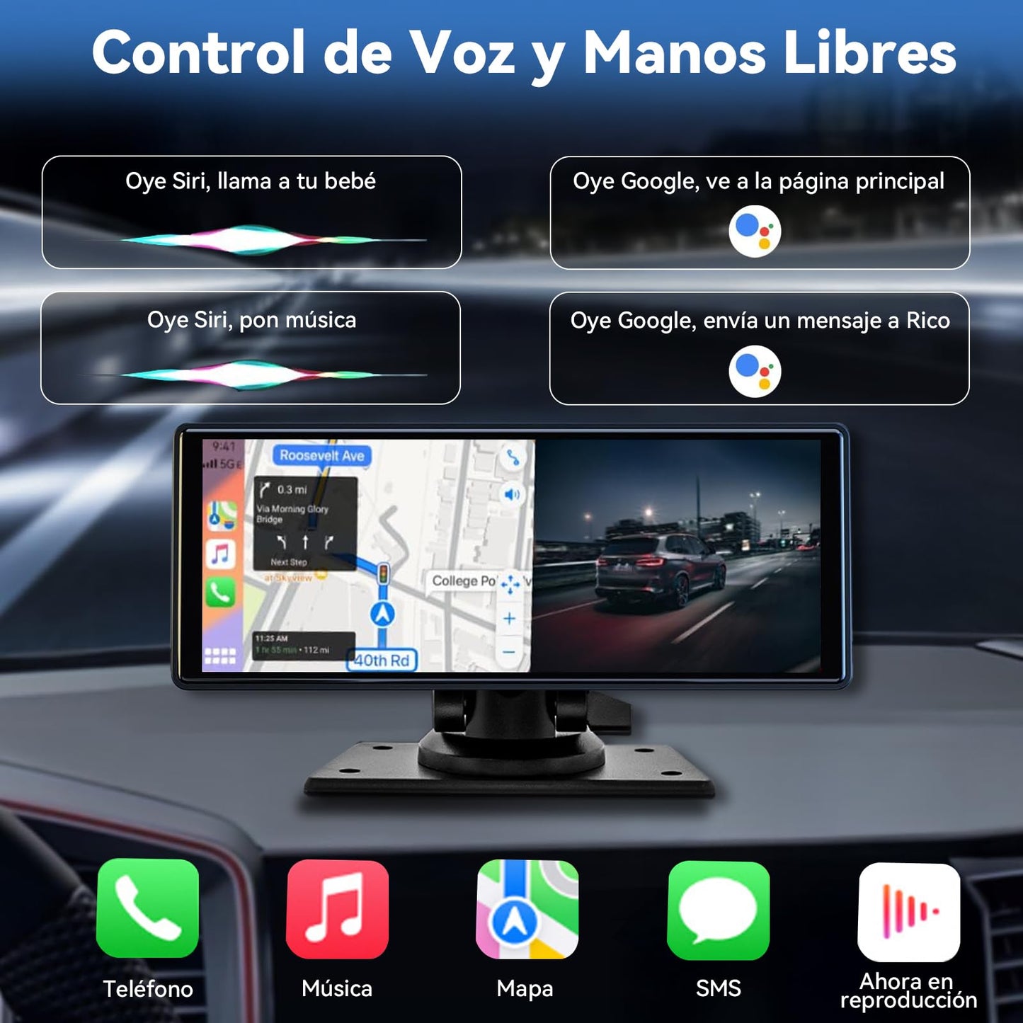 LINGLUCKY 10.26" Autoestéreo para Carro Portátil con Dashcam 2K，CarPlay Inalámbrico, Android Auto, WiFi, GPS, Bluetooth, Mirror Link y Cámara Trasera, Compatible con Todos los Vehículos