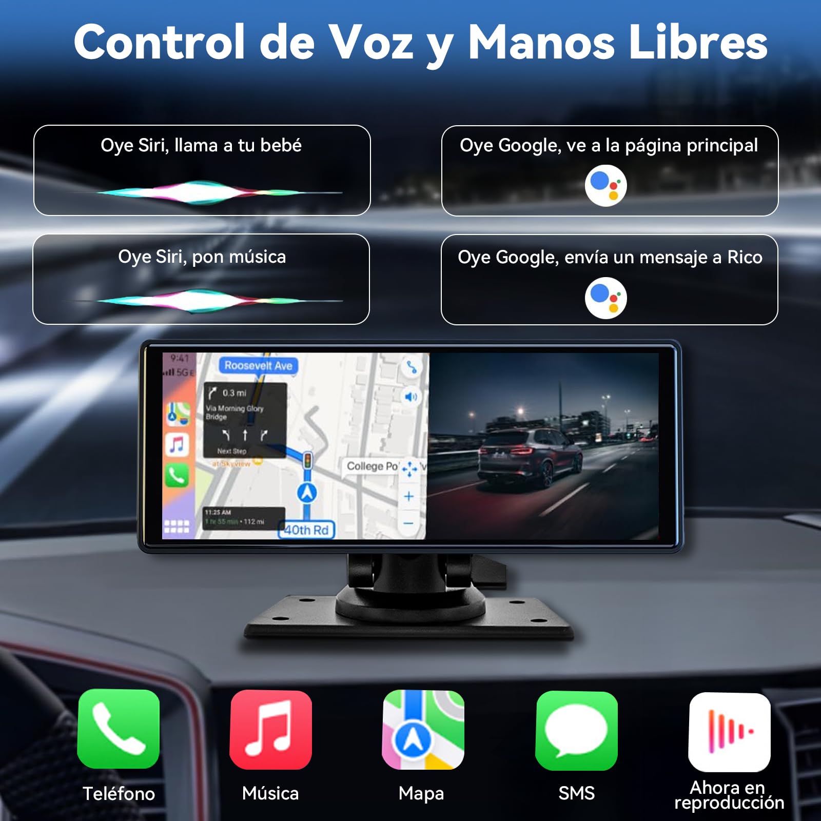 LINGLUCKY 10.26" Autoestéreo para Carro Portátil con Dashcam 2K，CarPlay Inalámbrico, Android Auto, WiFi, GPS, Bluetooth, Mirror Link y Cámara Trasera, Compatible con Todos los Vehículos