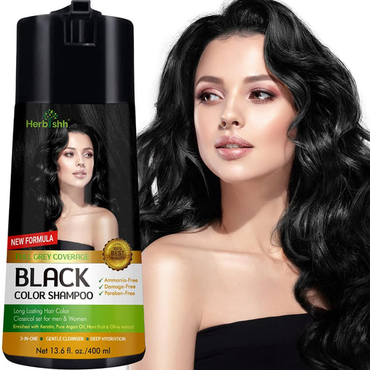 Herbishh Champú de color para cabello - Champú y acondicionador para teñir el cabello - Larga duración, cobertura completa de canas y bricolaje (Black)