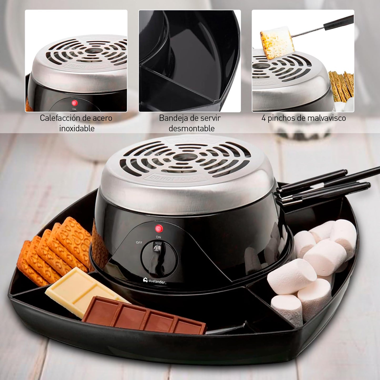 Bluelander Smores Maker, Mesa Electronica Para Interiores, Máquina Eléctronica de Acero Inoxidable, 4 Bandejas Desmontables, Cuatro Tenedores de Asado, Facil de Limpiar, Tostador de Malvaviscos