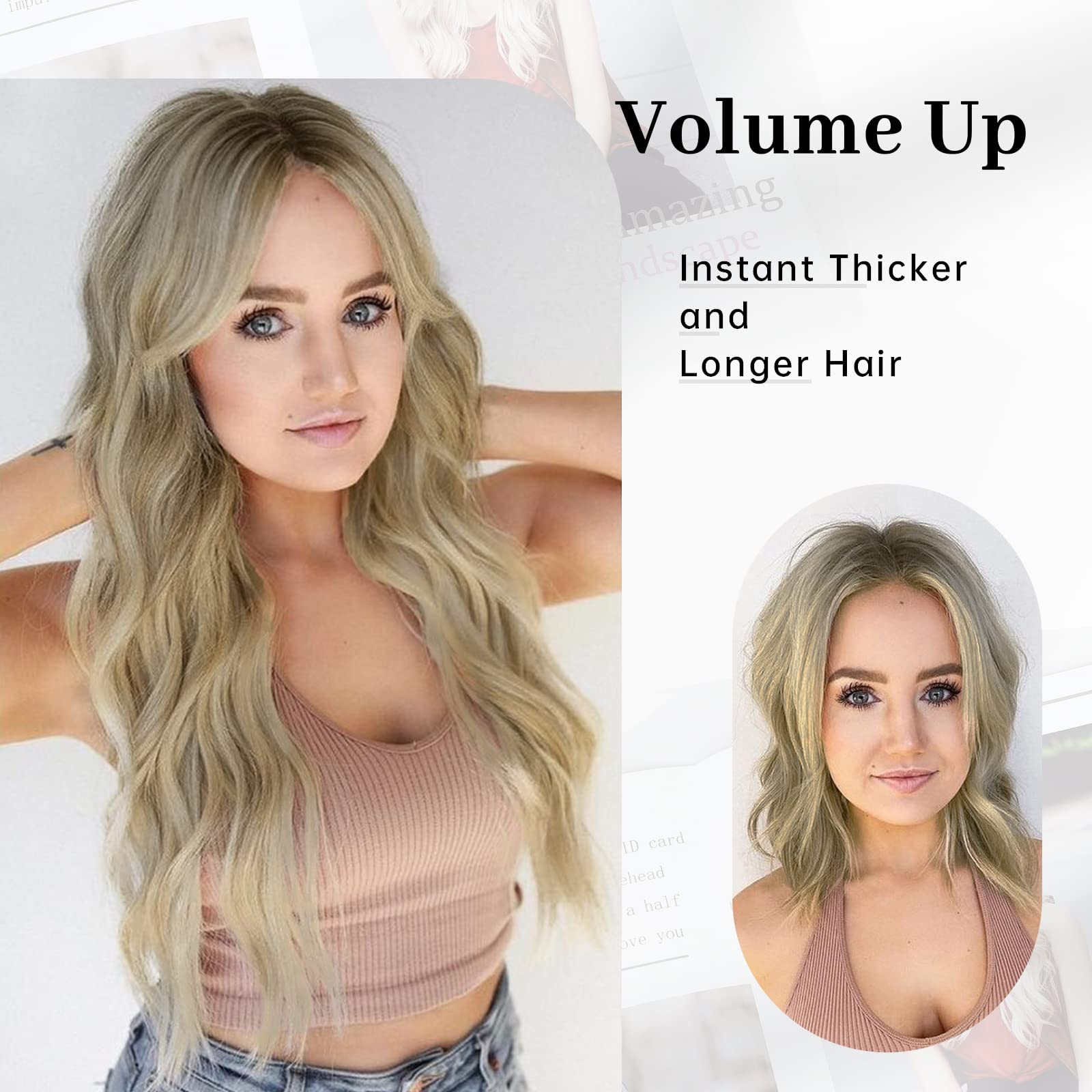 Slzhds Extensiones de Cabello Natural Ondulado, Extensión de Liga, Extensiones de Cabello Ondulado, Extensiones Halo con Diadema Invisible, 3/4 Cabeza Completa Ondulada Extensiones Cabello con Clip Seguros Extraíbles, Tamaño Ajustable, Resistente al Calor