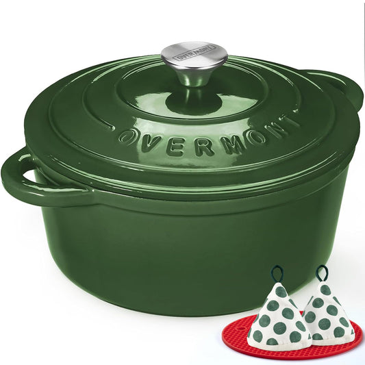Overmont - Horno holandés de hierro fundido esmaltado, olla de 5.5 cuartos con tapa, libro de cocina y agarraderas de algodón, utensilios de cocina resistentes para estofar, guisos, asar, hornear pan