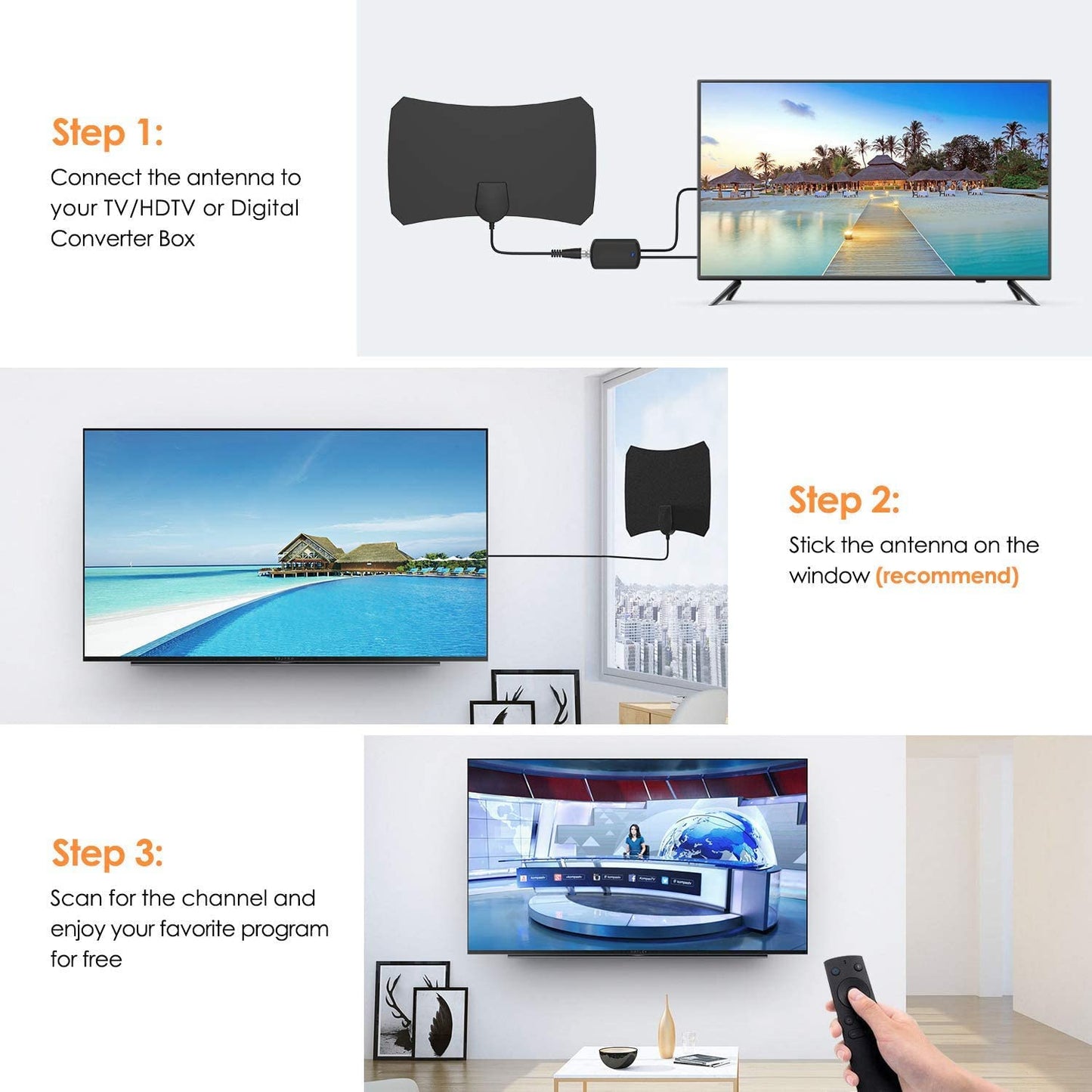 Fotgear Antena de TV Digital, Antena HDTV Interior con Excelente Rendimiento para TDT Digital y señales de TV Analógicas, 4K 1080P, Antena de Ventana con Amplificador de señal
