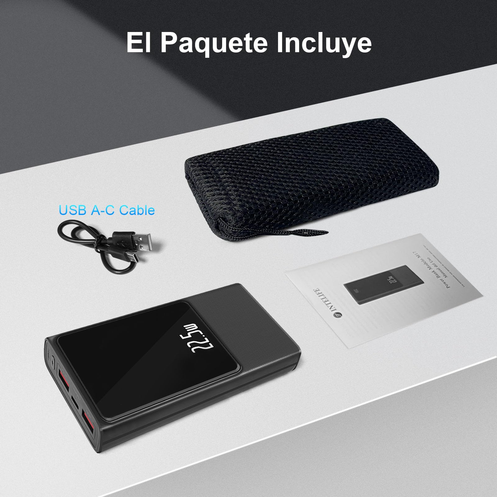 INTELIFE Power Bank 22.5W 20000 mAh Pila Portátil de Carga Rápida,USB-C 20W y Salida de USB-A 22.5w Banco de Batería Delgada Pantalla LED Compatible con iPhone 16/15/14 Serie, Android, Samsung,etc.