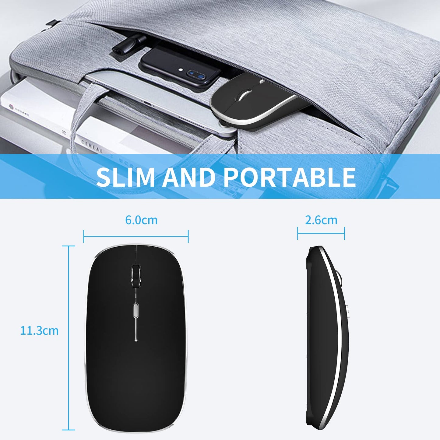Leolee Mouse Inalámbrico, Ratón Inalámbrico Recargable, Mouse Wireless con 2.4G, óptico Silencioso Click, Receptor USB y Tipo-c Adaptador 3 Ajustable dpi para Computadora, Portátil, PC, Mac (Negro)