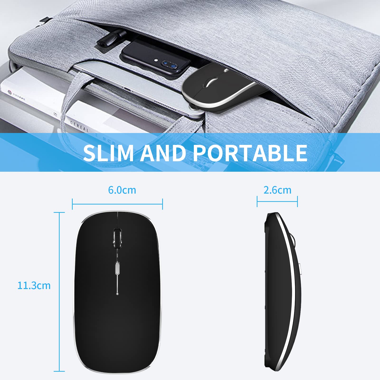 Leolee Mouse Inalámbrico, Ratón Inalámbrico Recargable, Mouse Wireless con 2.4G, óptico Silencioso Click, Receptor USB y Tipo-c Adaptador 3 Ajustable dpi para Computadora, Portátil, PC, Mac (Negro)