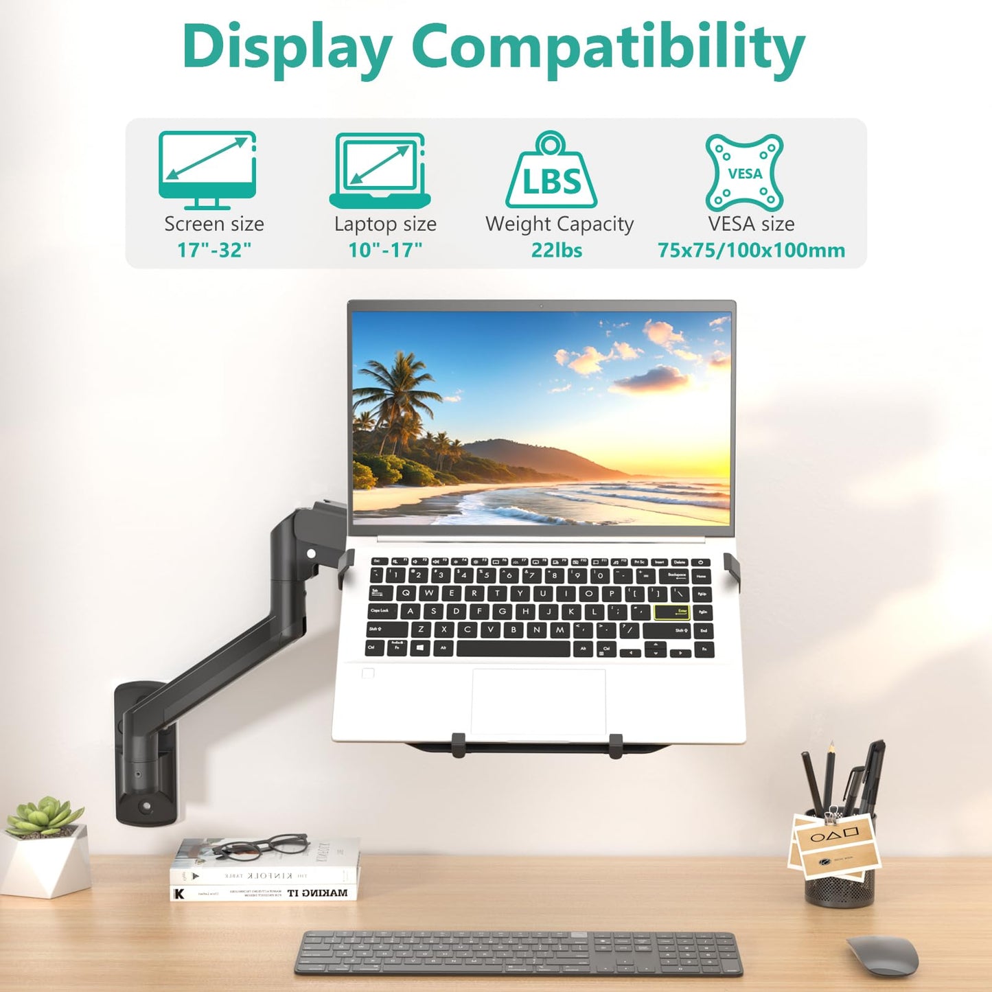 Soporte de Pared para Portátil WALI Ajustable de Movimiento Completo para Visualización de Computadora 2 en 1
