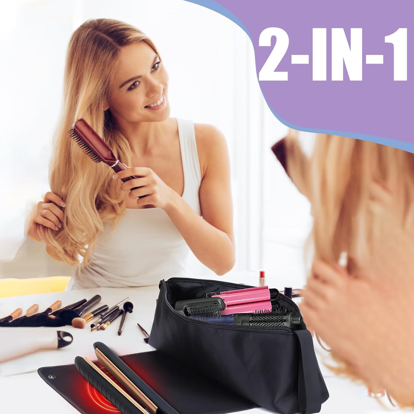 Hair Tools - Bolsa de viaje, funda de viaje de hierro plano 2 en 1 con almohadillas resistentes al calor, bolsos de viaje para peluquería resistente al calor para rizadores (Negro)