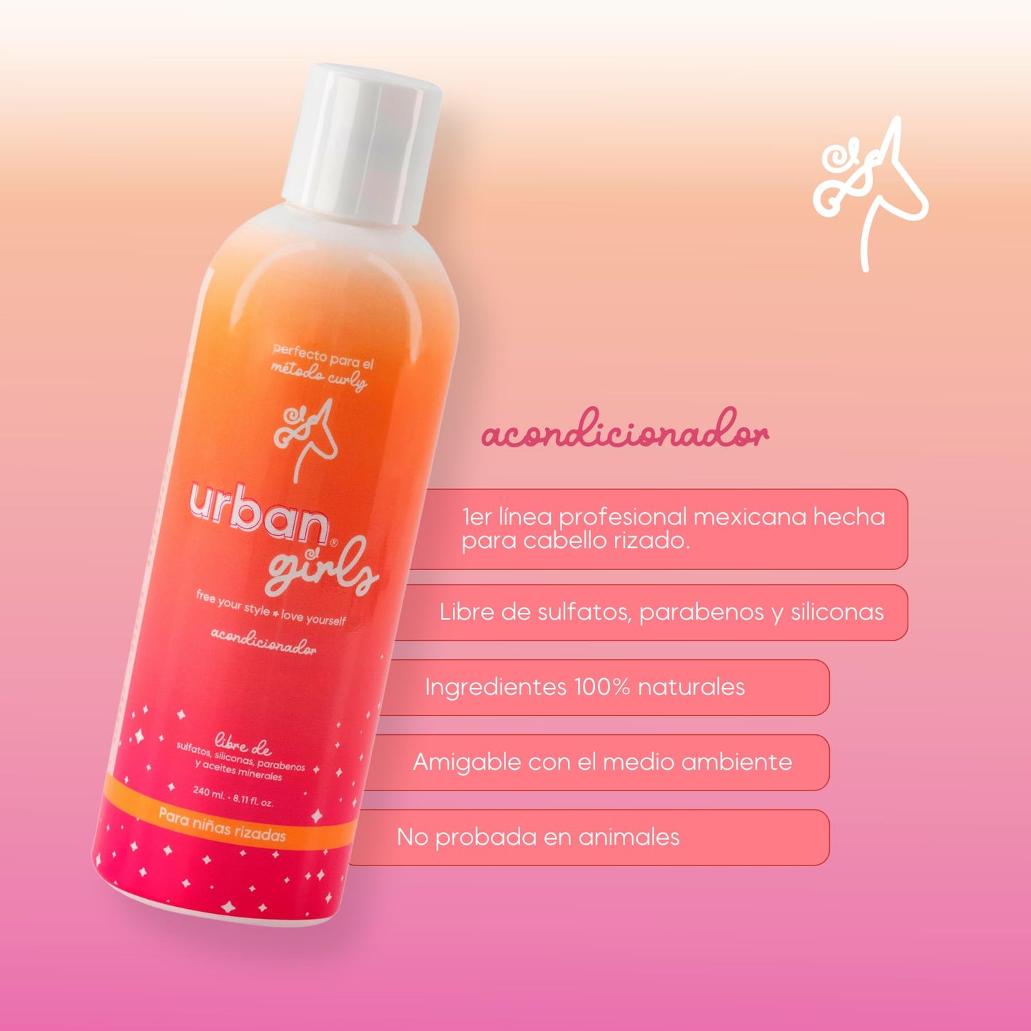 URBAN CURLS Acondicionador para Cabello Rizado de Niñas 240 ml – Sin Sulfatos, Parabenos ni Siliconas – Con Aceite de Coco e Ingredientes Naturales – Define Rizos, Suaviza, Hidrata y Facilita el Desenredo