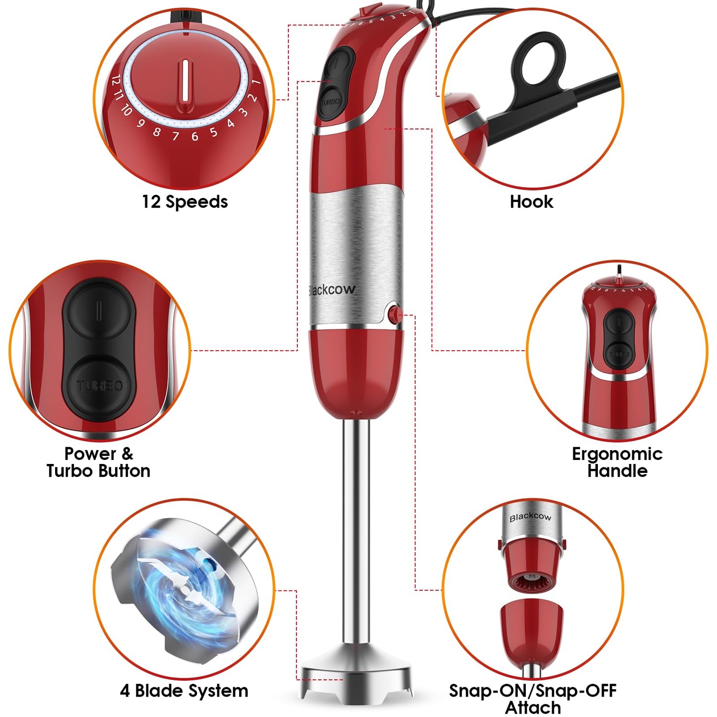 Blackcow Potente licuadora de inmersión 3.0, sin BPA, 800 W eléctrica licuadora de mano con 12 velocidades y turbo, licuadora de palo para sopa, licuado, puré, base desmontable, cuchillas 3D de acero