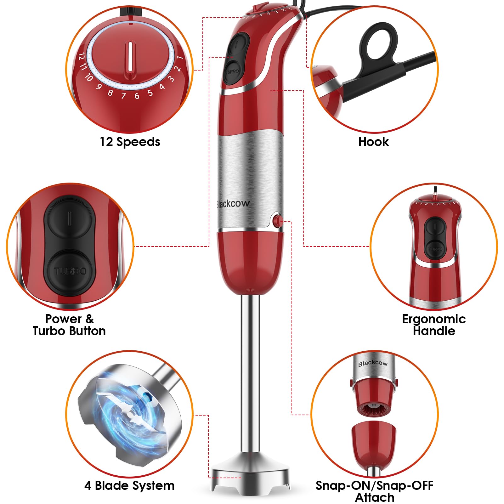 Blackcow Potente licuadora de inmersión 3.0, sin BPA, 800 W eléctrica licuadora de mano con 12 velocidades y turbo, licuadora de palo para sopa, licuado, puré, base desmontable, cuchillas 3D de acero