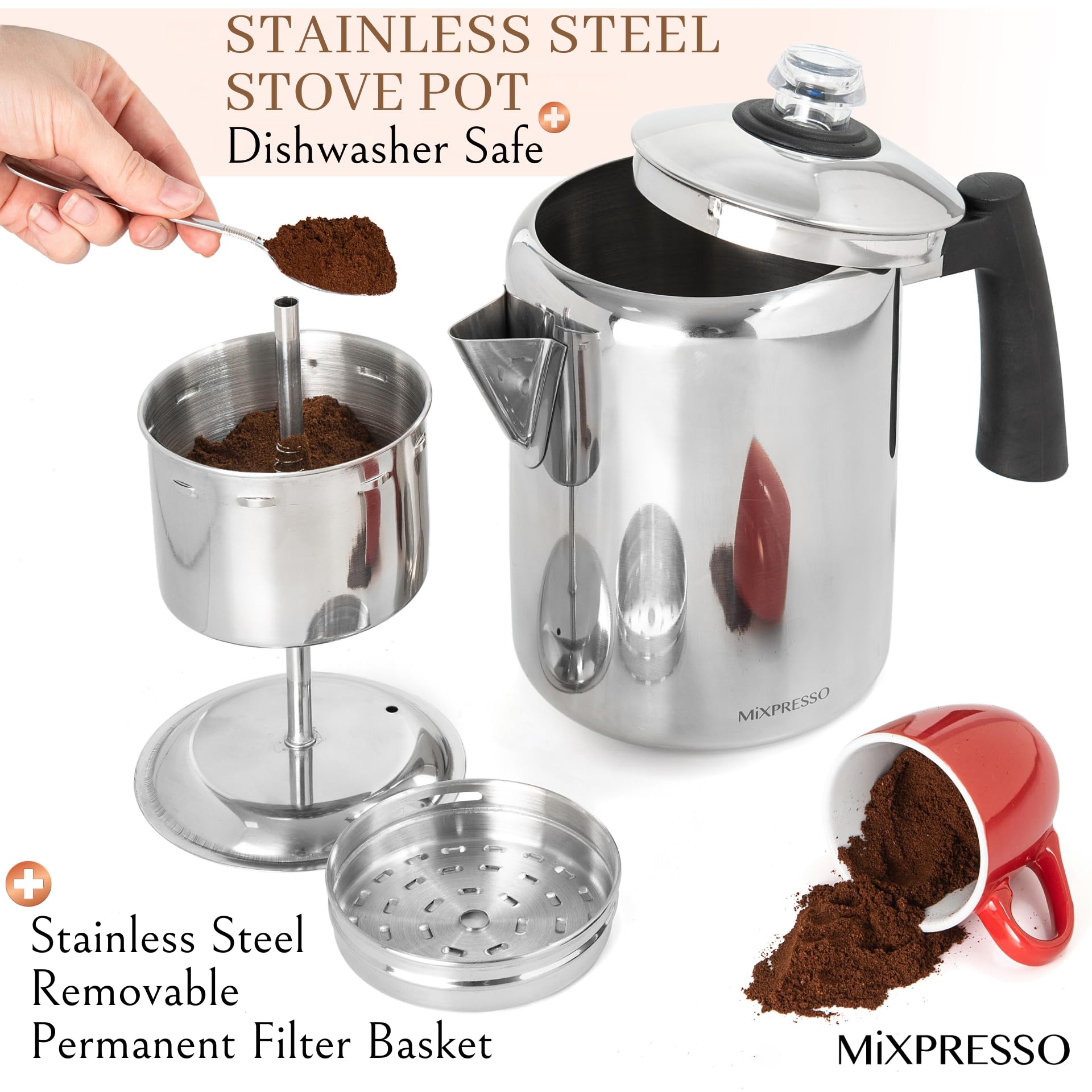 Mixpresso - Cafetera percoladora de acero inoxidable, excelente para camping, cafetera de 5 a 8 tazas