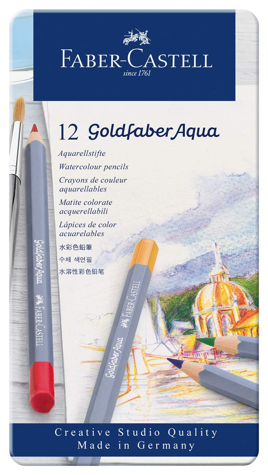 Faber-Castell Colores Goldfaber Acuarelables Para Arte con 12 Distintos Colores, estos lápices acuarelables permiten crear dibujos detallados como efectos de acuarela teniendo una experiencia creativa