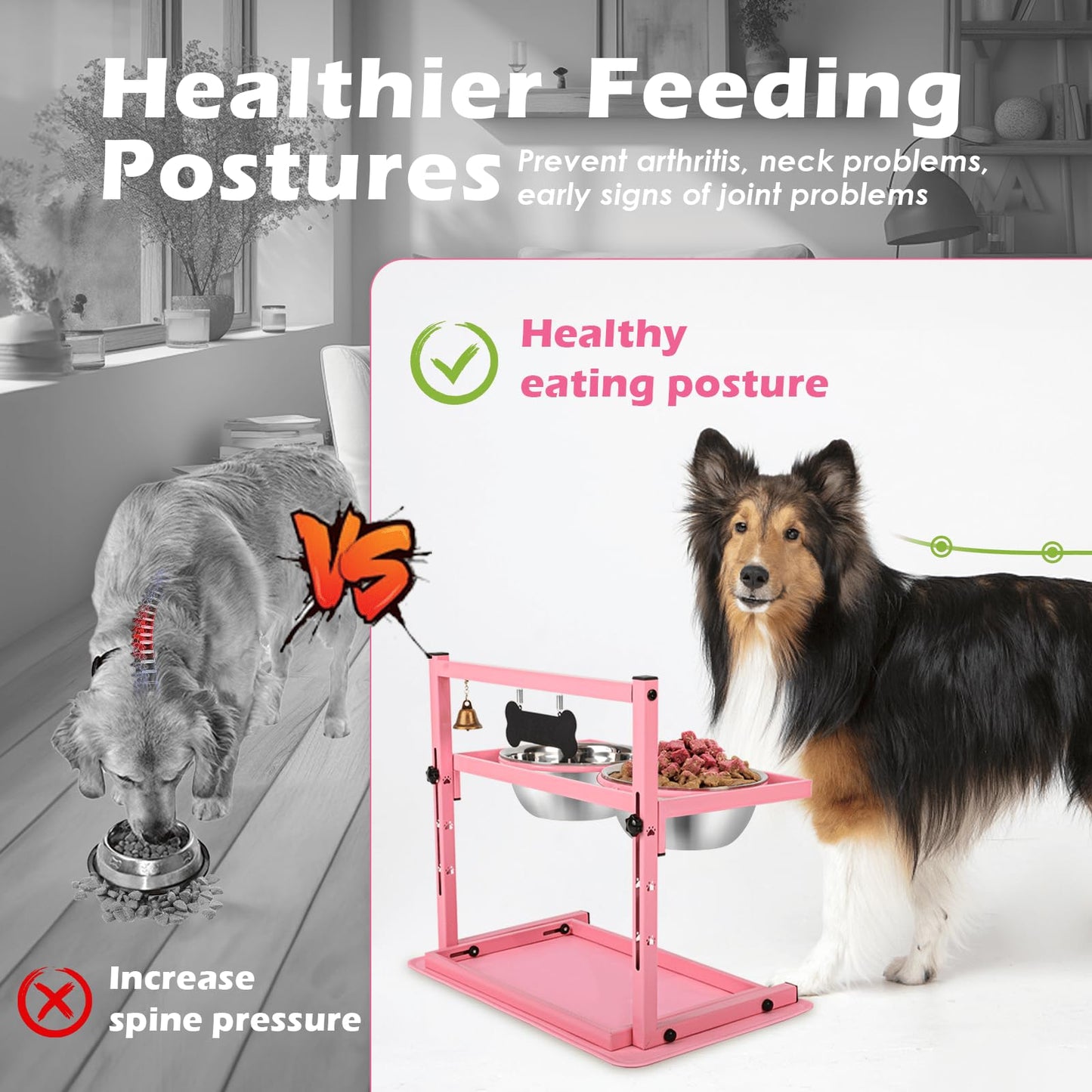 Cuencos Elevados SHAINFUN Rosa con Soporte Ajustable y 2 Cuencos de Acero Inoxidable para Perros Grandes, Medianos y Pequeños