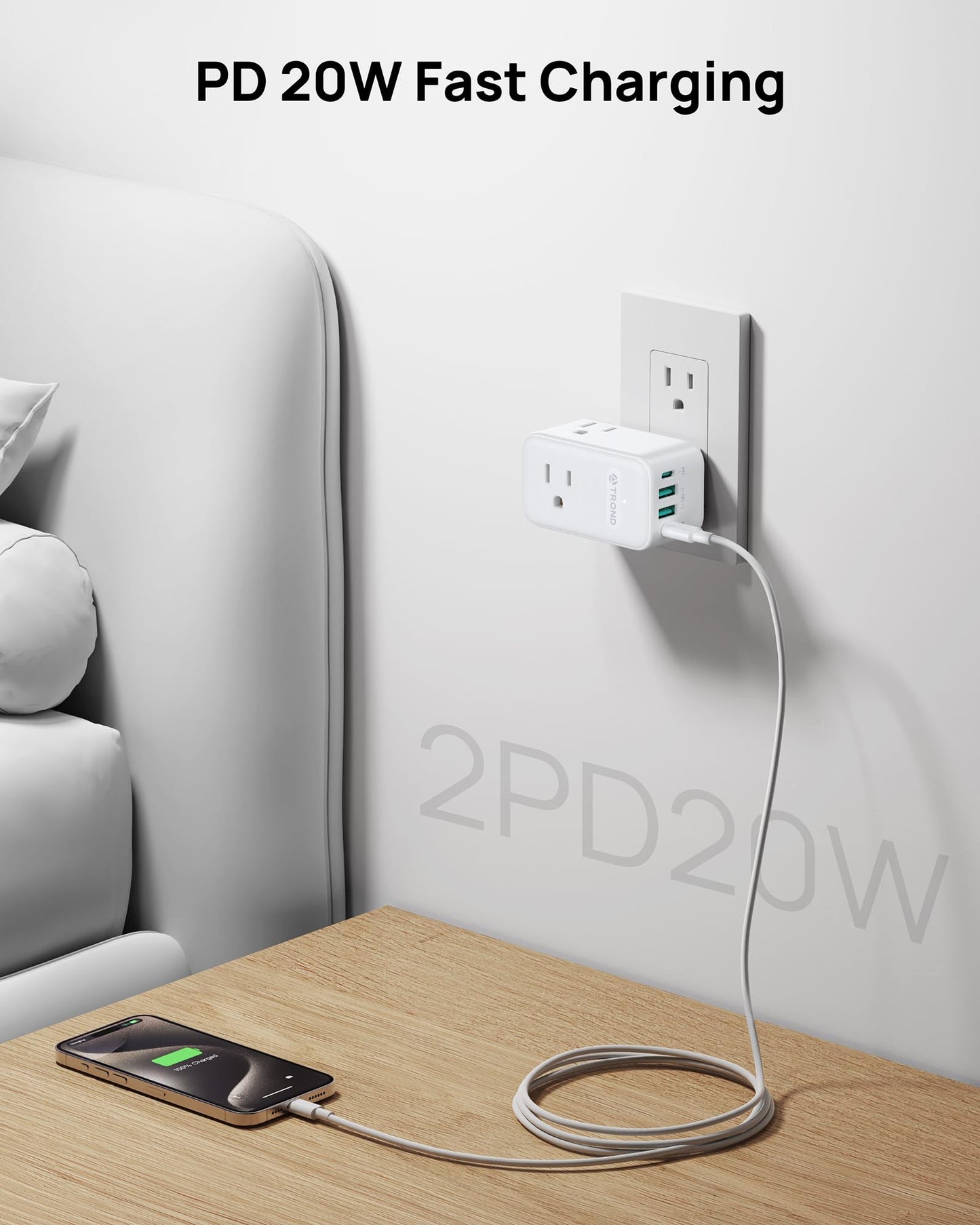 TROND Extensión con Enchufe Giratorio 360°, 3 Tomas AC, Cargador USB-C PD 20W, Adaptador de Pared USB, Estación de Carga Compacta para Cocina, Baño, Cruceros y Viajes
