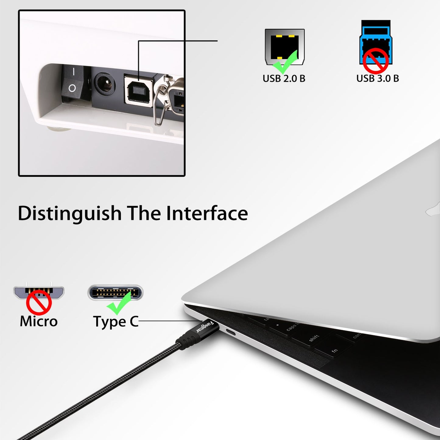 Cable USB C a USB B Midi Fasgear Negro 5m Nylon Braided con Conector Metálico para Impresoras y Teclado Piano