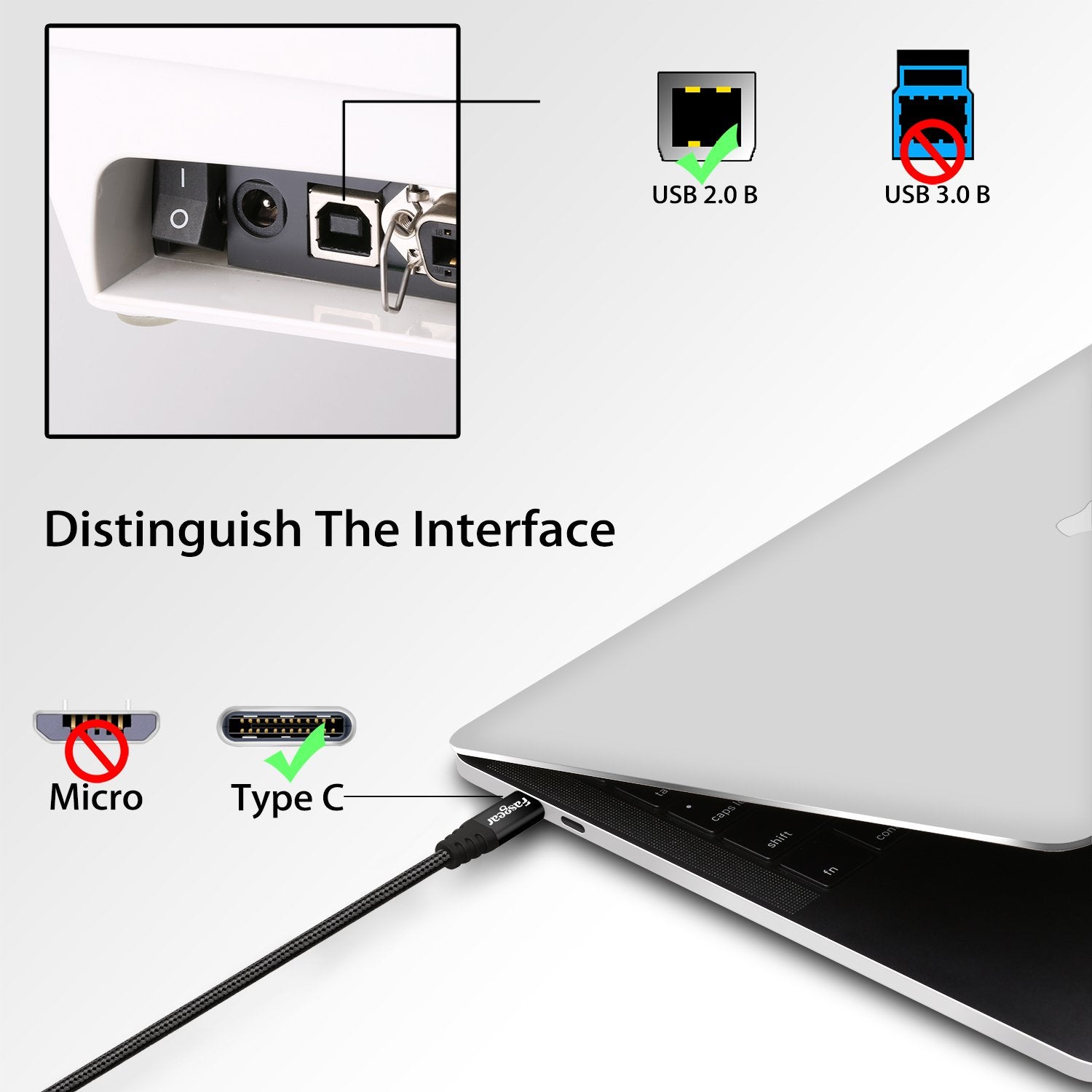 Cable USB C a USB B Midi Fasgear Negro 5m Nylon Braided con Conector Metálico para Impresoras y Teclado Piano