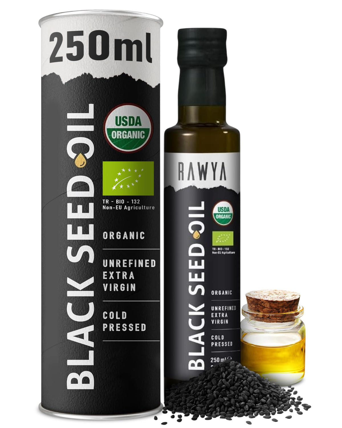 RAWYA Aceite de Comino Negro - Prensado En Frío - Comino Negro Turco - Nigella Sativa Premium Con Timoquinona - Kalonji - Sin Omg Ni Gluten - Suplementos Nutricionales - Sabor Extra Fuerte - 237 Ml