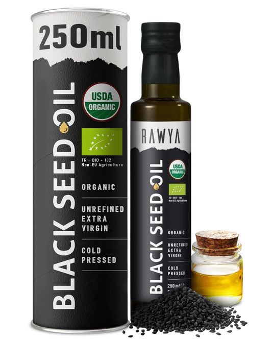 RAWYA Aceite de Comino Negro - Prensado En Frío - Comino Negro Turco - Nigella Sativa Premium Con Timoquinona - Kalonji - Sin Omg Ni Gluten - Suplementos Nutricionales - Sabor Extra Fuerte - 237 Ml