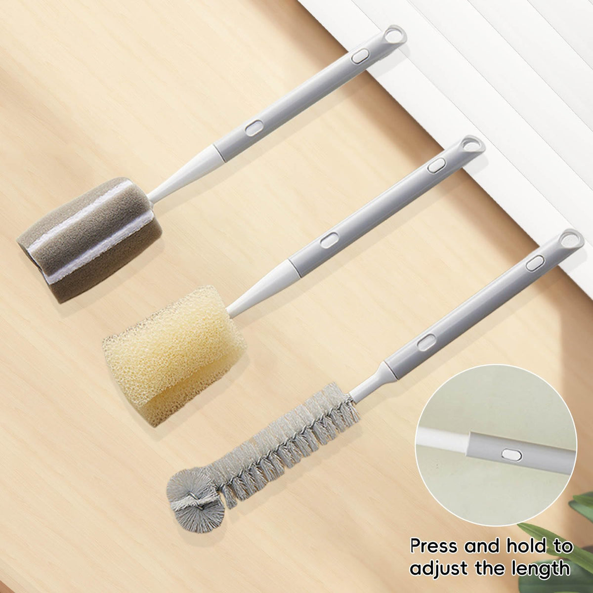 Paquete de 3 cepillos de taza de mango largo, mango extensible, cepillo para polvo de biberón, cepillo para polvo de nailon, cepillo para polvo de esponja, cepillo para polvo para fregar tazas de agua