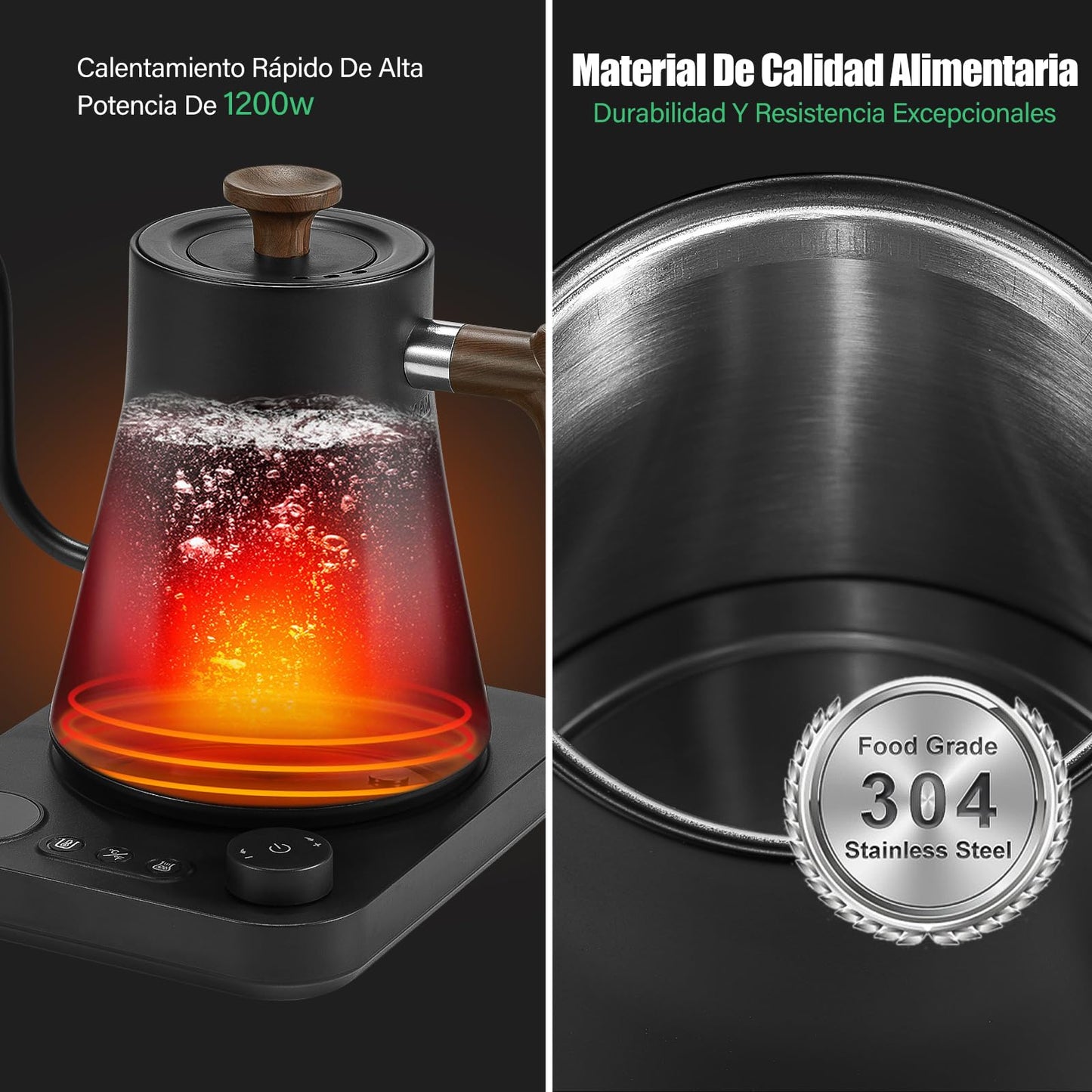 Hervidor Eléctrico de Cuello de Cisne de 1 L, Control de Temperatura Preciso de 1°C, Interior de Acero Inoxidable, 1200 W, Adecuado para la Preparación de Café Profesional., Negro Mate