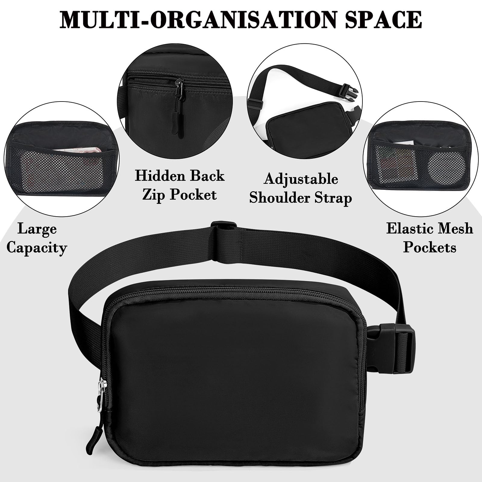 Cangurera para Hombre Mujer con Correa Ajustable Bolsa de Cintura Portátil y Resistente al Agua para Entrenamiento Correr y Viajar-Negro
