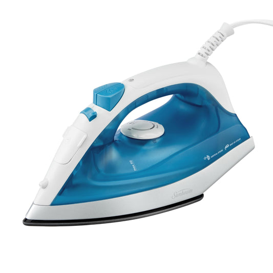 Plancha de Vapor Sunbeam Blanco Azul con Suela Antiadherente y Punta de Precisión