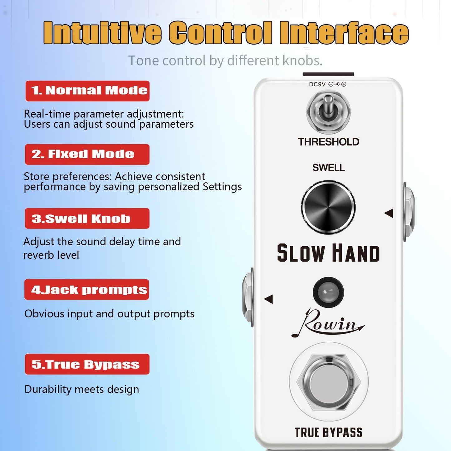 Pedal de Guitarra Digital Rowin Negro True Bypass para Guitarra Eléctrica y Bajo