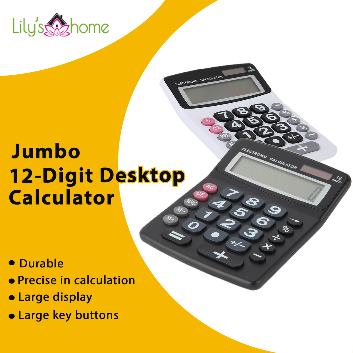Calculadora de Computadora Lily' Home Jumbo Negro con Visor LCD Grande y Doble Potencia Solar