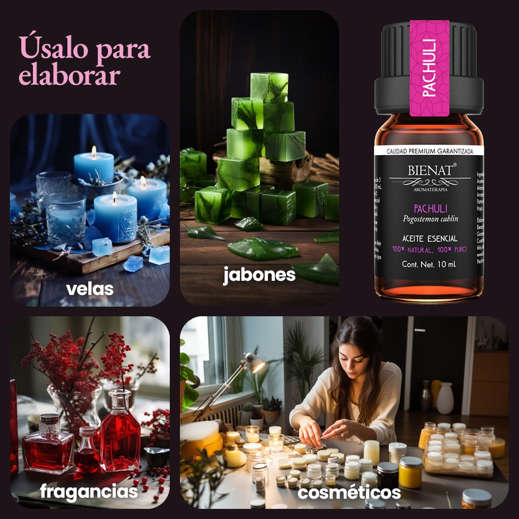 BIENAT AROMATERAPIA Aceite Esencial de Pachuli 10mL | 100% Puro y Concentrado | Ideal para Difusor de Aromas, Humidificador, Aromaterapia, Masajes, Meditación, Jabones y Velas | Esencia Natural en Gotas