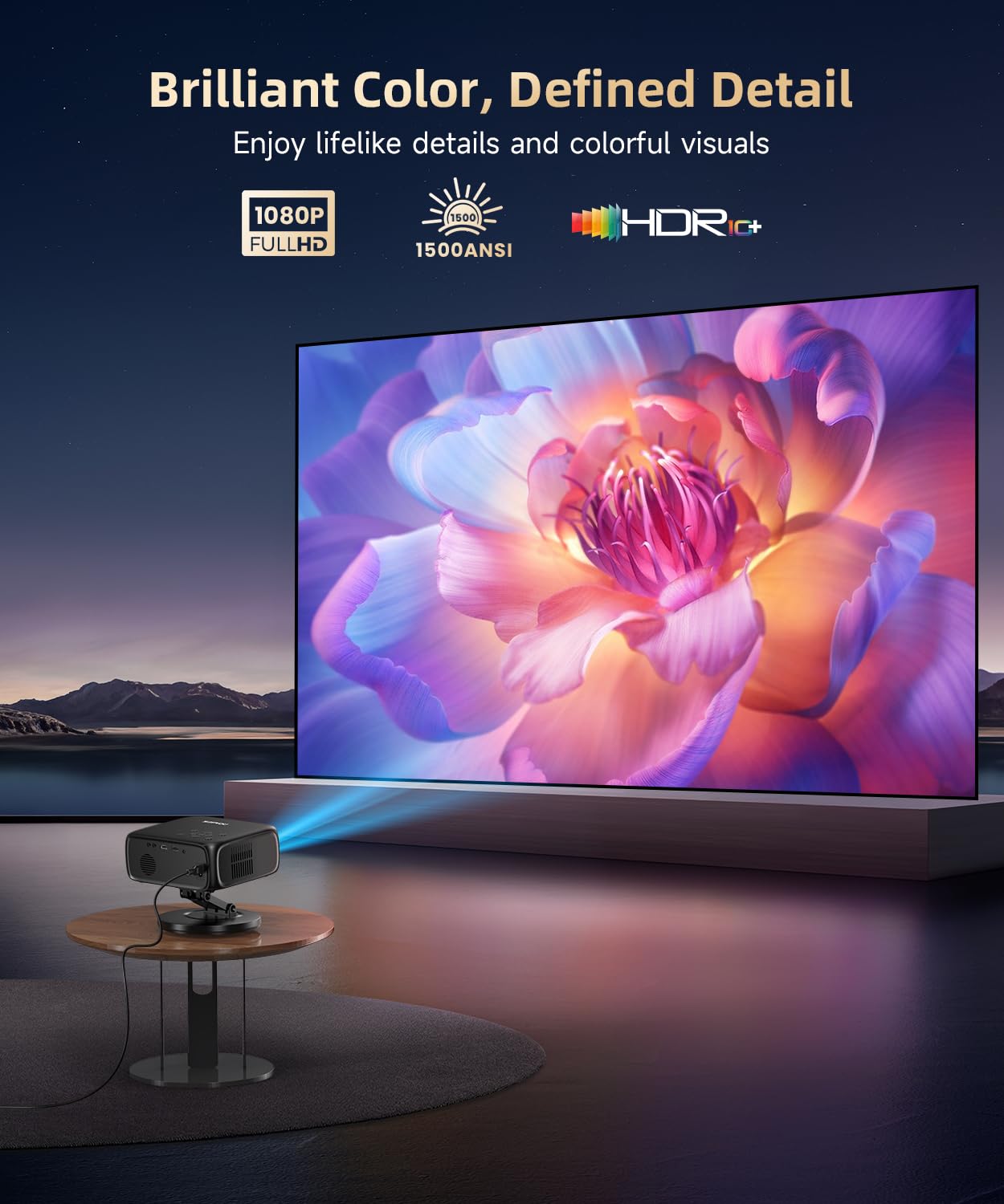 【Buit-in Google TV y control de voz】Proyector inteligente con WiFi y Bluetooth, enfoque automático y piedra clave, proyector de película portátil Native 1080P para exteriores con soporte giratorio de