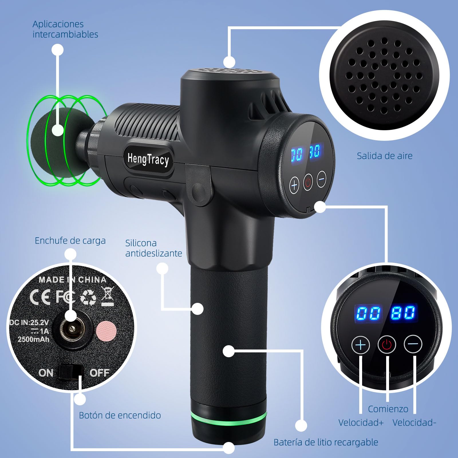 Pistola de Masaje, Massage Gun Inalámbrico Masajeador de Percusión de Tejido Profundo Ultra Silencioso 30 Velocidades Nuevo Estilo Masajeador Electrico Muscular de Relajación Corporal