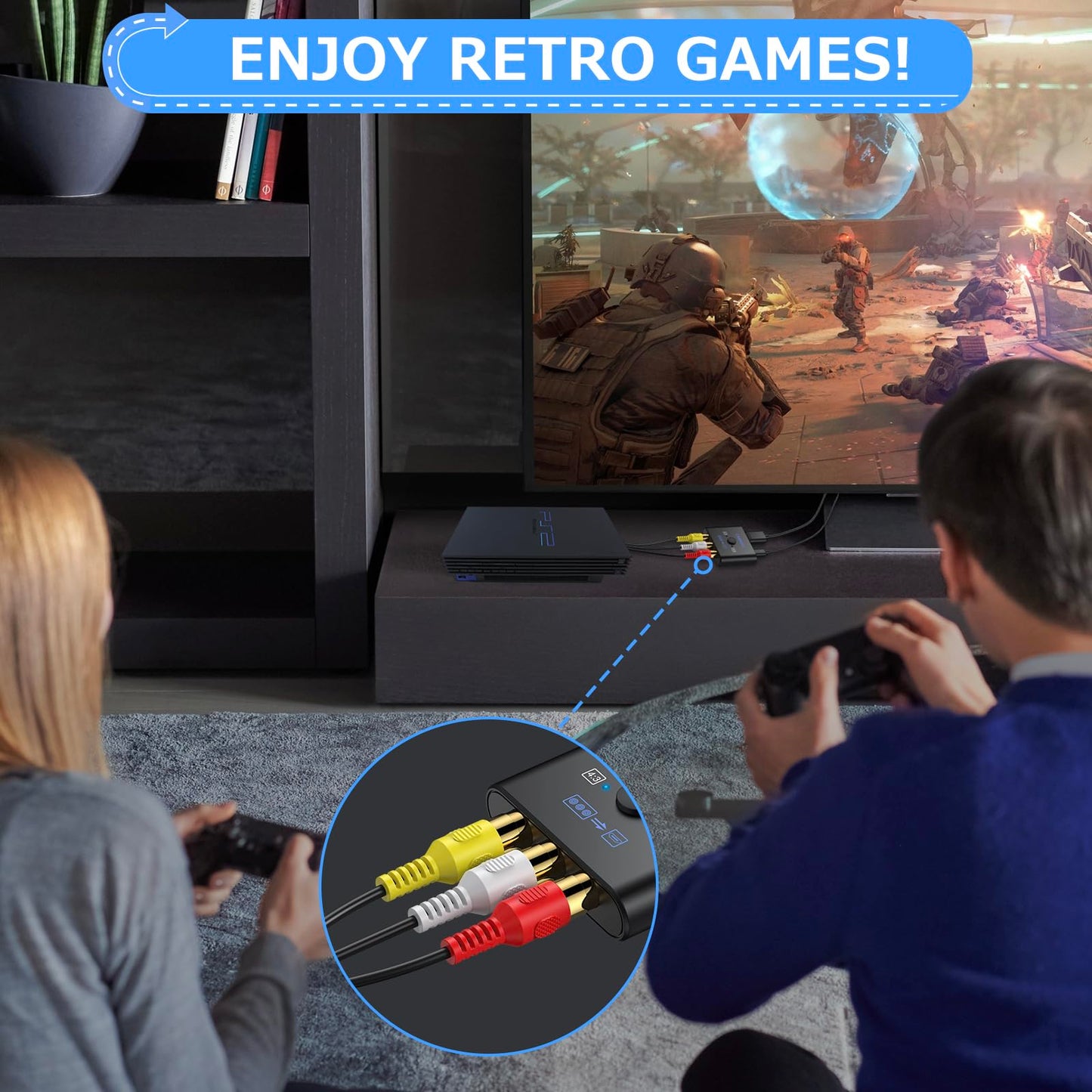Camway - Convertidor RCA a HDMI - Convertidor de video AV a HDMI 1080P 16:9/4:3 conversión mini compuesto CVBS audio video adaptador compatible con PAL, NTSC para Wii, PS1, PS2, N64, X-Box, VHS, VCR