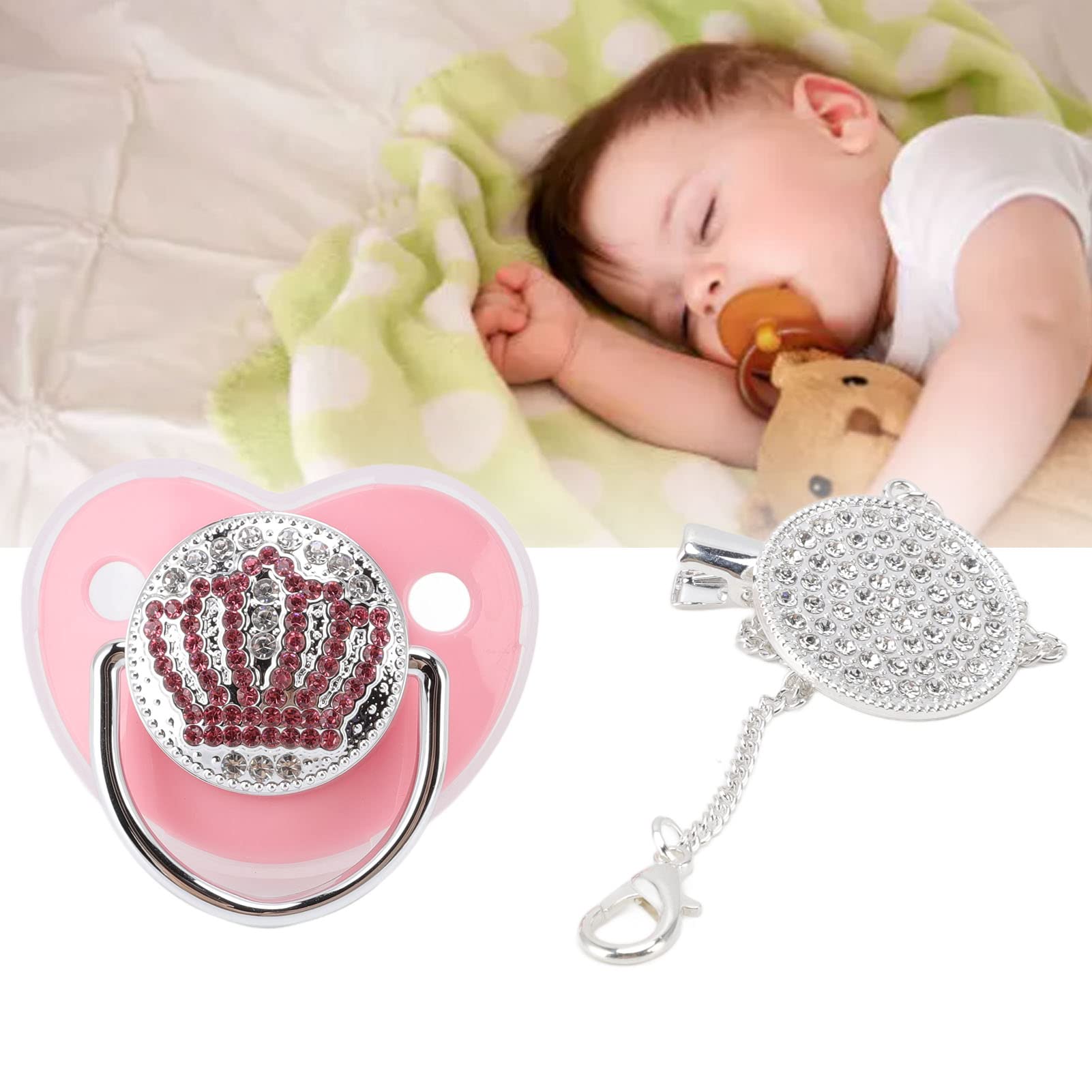 Chupete de Lujo con de Diamantes de Imitación para bebé con Silicona Súper Suave, Clip de Cadena para Bebés de 6 a 18 Meses (Rosa)