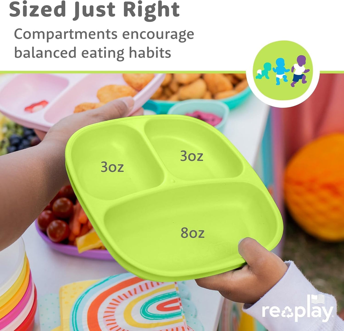 Re-Play - Juego de vajilla para niños pequeños, 6 compartimentos divididos de paredes profundas y 6 cuencos apilables para aperitivos y comidas diarias, apto para lavaplatos y microondas, fabricado en