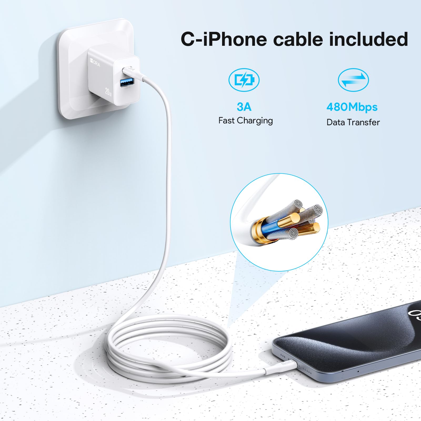 1 Hora Cargador para IP Carga Rápida 20W 2 en 1, Cargador Tipo C PD 20W + USB A QC 18W con Cable USB C a Lightning 1M 3A, Compatible con iP14/13/13 Pro MAX/12/11/X/XS