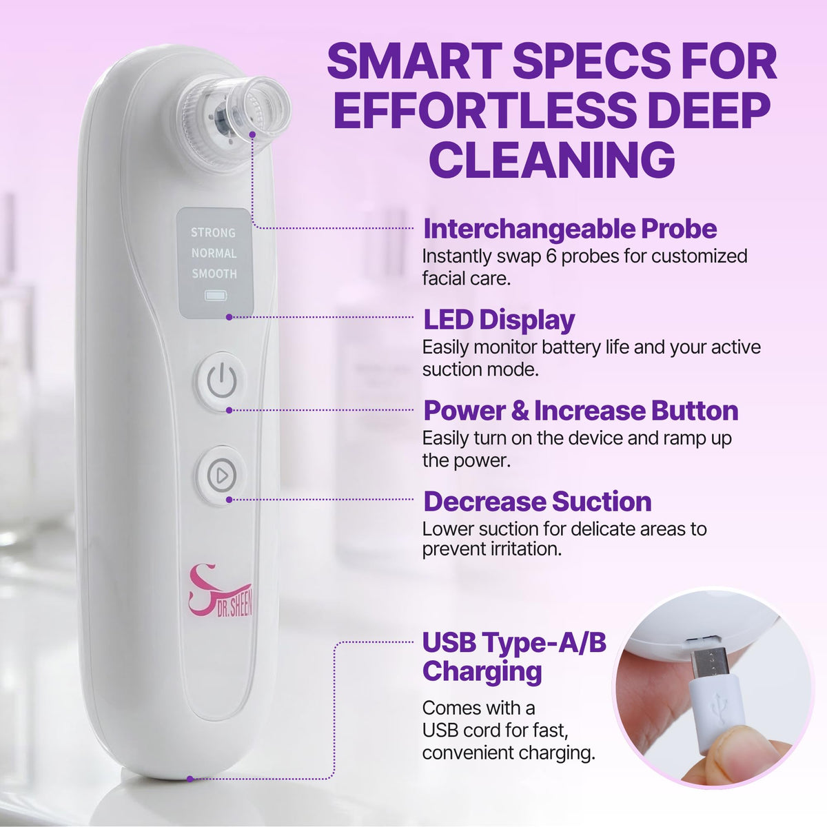 Dr. Sheen Aspirador de puntos negros con cámara, extractor de puntos negros para poros, 3 modos de succión, 6 cabezales, recargable por USB, kit de acero inoxidable de 5 piezas, poros profundos