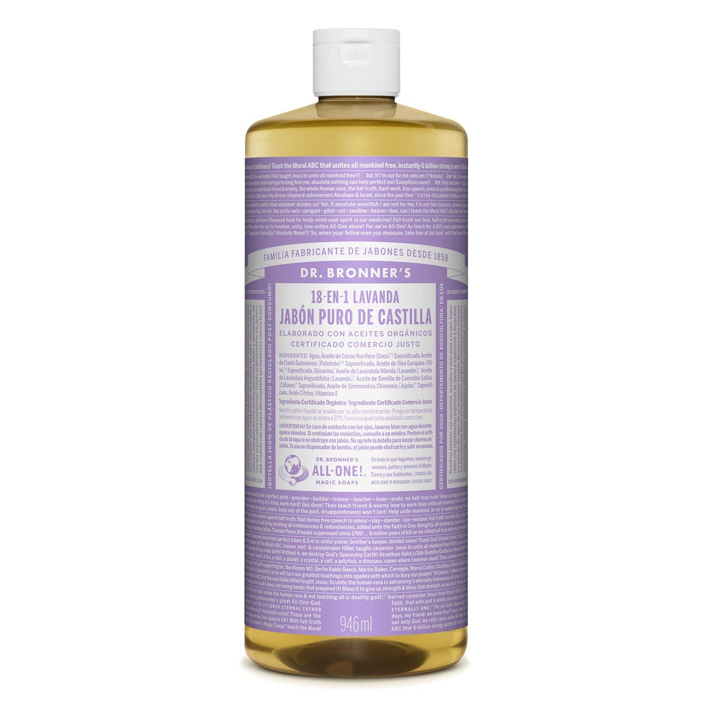 Dr. Bronner's | Jabón de castilla orgánico multiusos, ideal para todo el cuerpo, 100% biodegradable con aceite esencial relajante de Lavanda 946 ml