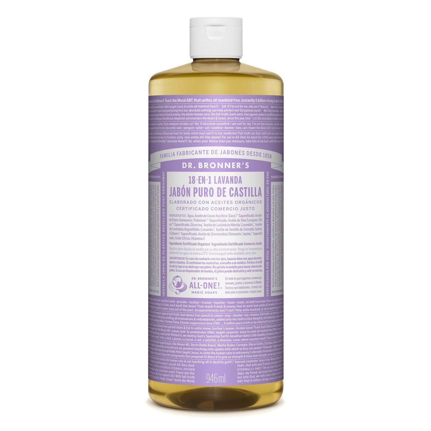 Dr. Bronner's | Jabón de castilla orgánico multiusos, ideal para todo el cuerpo, 100% biodegradable con aceite esencial relajante de Lavanda 946 ml