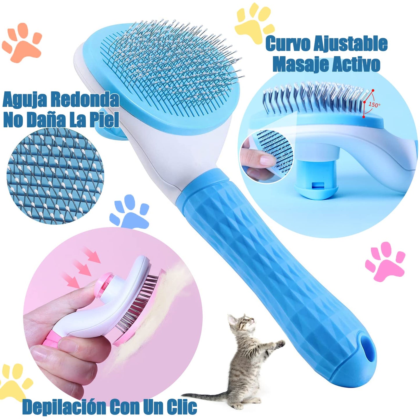 Cepillo para Perros y Gatos, 5 en 1 Herramientas de Aseo para Mascotas, Cepillos para Pelo Largo y Corto, Peine de Limpieza, Cepillo de Desprendimiento, Cortaúñas, Especializado para Depilación Masaje y Peinado, Azul