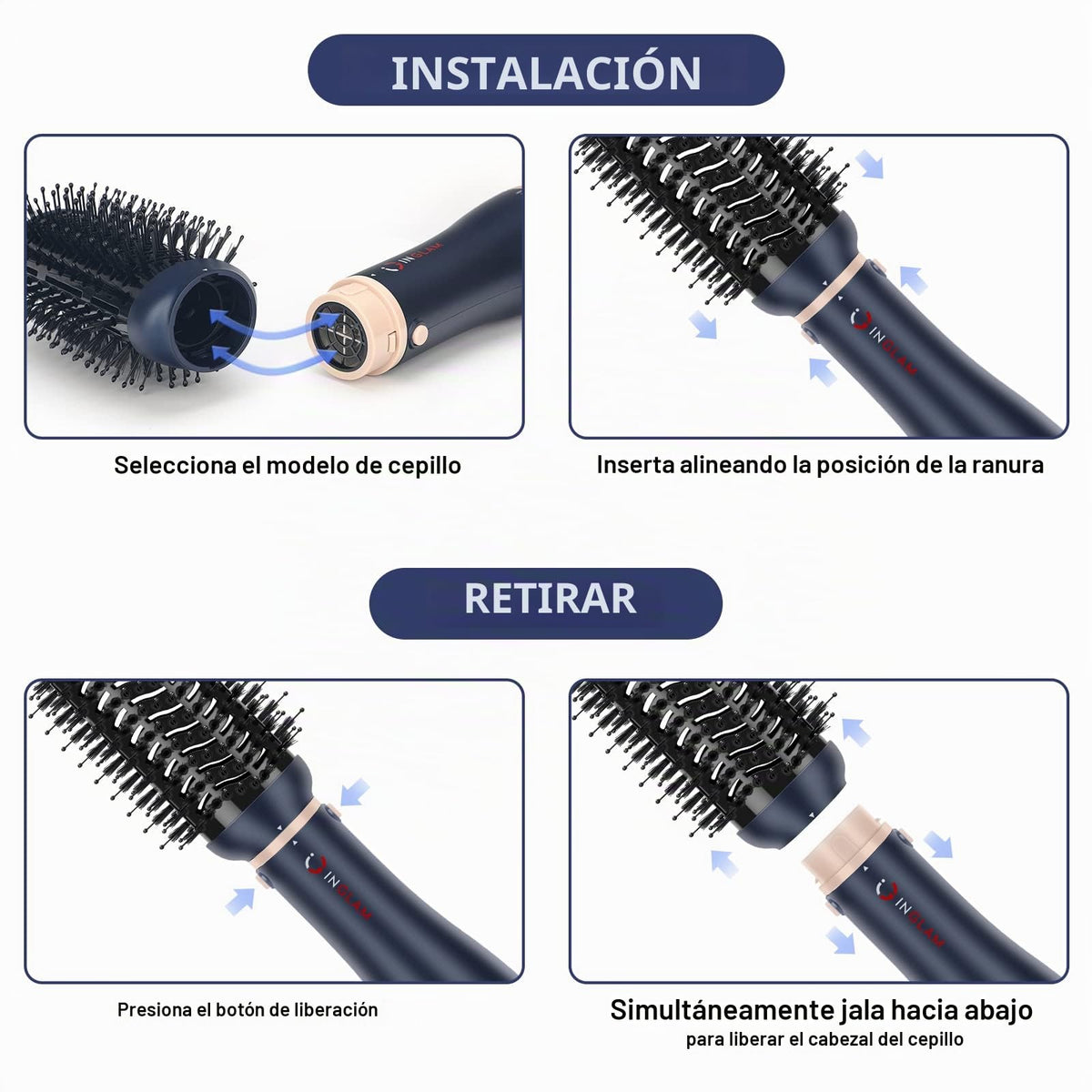 Juego de Cepillos IG INGLAM Azul de Prusia 4 en 1 con Secador de Pelo Desmontable de Iones Negativos y Voluminizador Estilizador