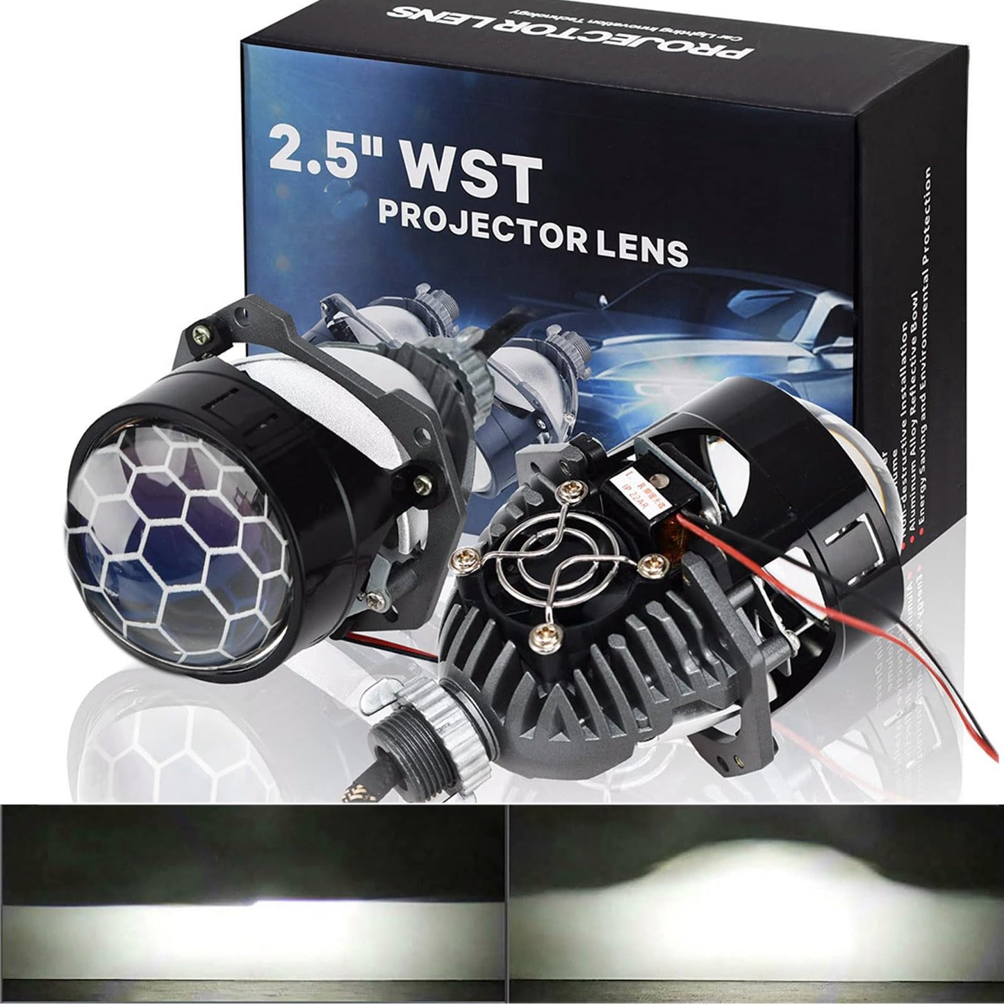 Lente de proyector de panal de abeja de 2.5 pulgadas, kit de actualización de faros delanteros de coche con función de haz de alta y lo; 70 W, 20.000 lúmenes, 6000 K, haz de enfoque con línea de corte