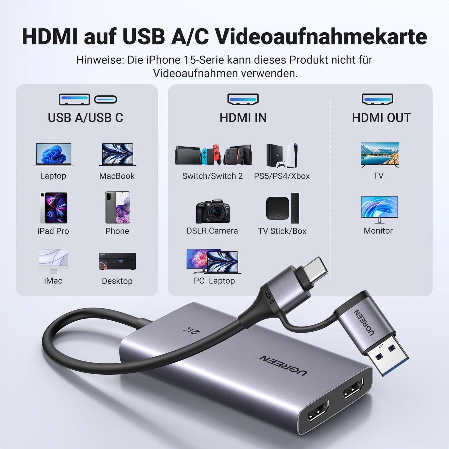 UGREEN 4K Capturadora de Video HDMI, 2K@30Hz 1080P@60fps Grabación de Juegos Passthrough Loop-out para Transmisión, Compatible con Switch 2, PS5, Xbox, PC, Mac